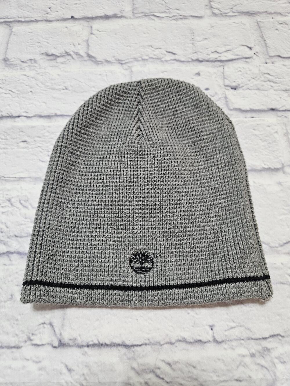 Timberland Gray Knit Beanie Hat One Size Cotton Blend Logo Winter Cap EUC Unisex